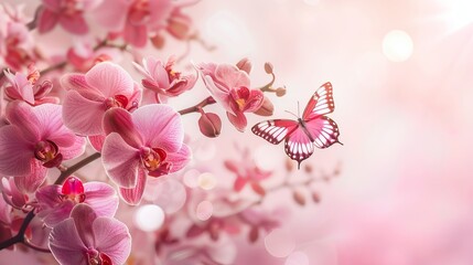 Branch of tropical pink orchids and butterfly on pink background