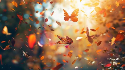Bright autumn summer natural background. Colorful leaves and butterflies in flight in forest. Magical nature of autumn