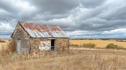 Obraz premium An old, run-down building in a field with a rusty tin roof