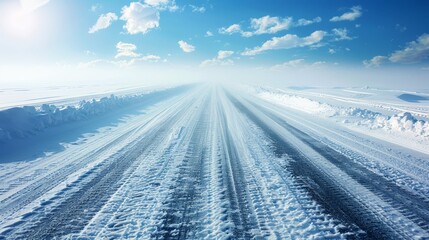   A snow-covered road, set against a vast expanse of pristine snow, is framed by a bright blue sky