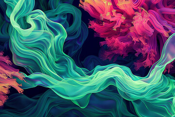 An abstract artwork of neon coral and deep sea green waves intertwining, the contrast creating a striking visual effect that captures the eye.