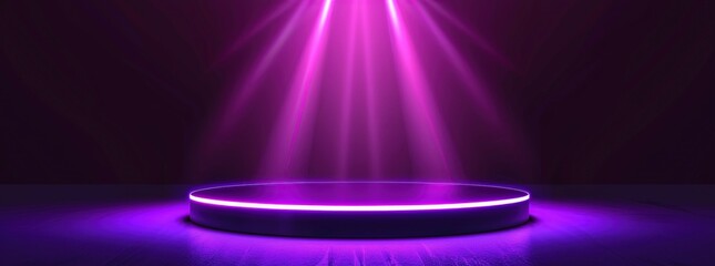 Empty round podium with purple and blue neon lights on the wall, on a dark background.