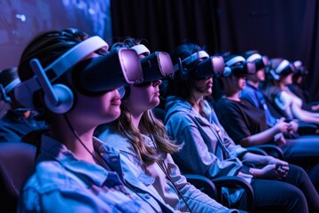 Multiple individuals seated or standing wearing virtual reality headsets, fully immersed in a digital environment