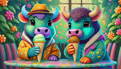 oil painting style cartoon character baby bison eating ice cream in cone at cafe,