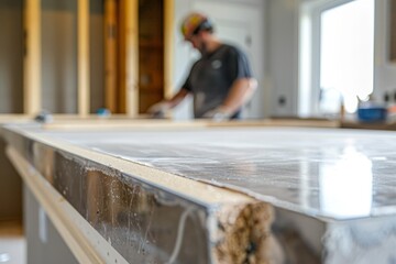 A man meticulously working on a metal counter top during the installation process in a kitchen