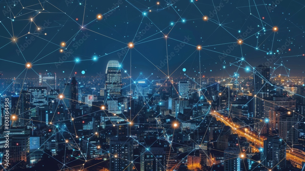 Aufkleber a cityscape featuring a network of interconnected lines and dots overlaying the urban landscape, sho