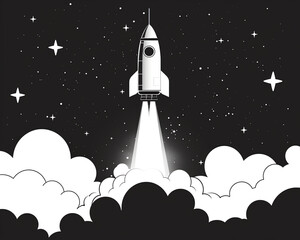 Naklejka premium The illustration shows a rocket launching into space. The rocket is white with a red nose cone. It is surrounded by clouds. The background is black with stars.
