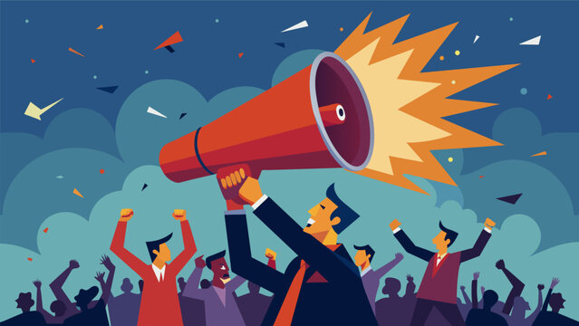 A booming voice echoing alarmist messages through a massive megaphone creating a sense of panic a the crowd..