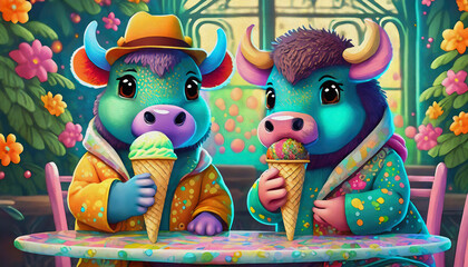 oil painting style cartoon character baby bison eating ice cream in cone at cafe,