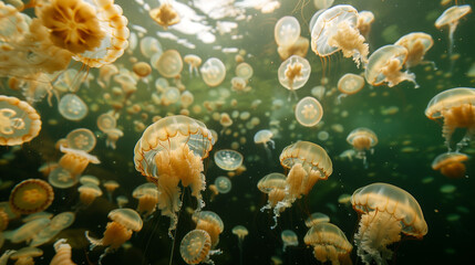 Colorful jellyfish floating in the sea water