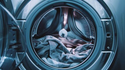 Washing machine with clothes inside.