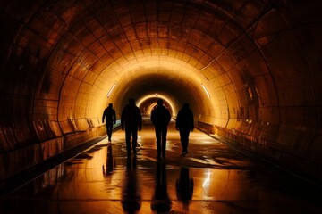 Two individuals walking through a dark tunnel illuminated by sparse ambient light