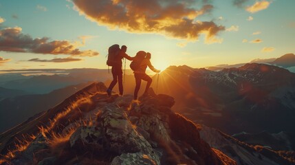 Silhouetted Hikers Conquer Majestic Mountain Peak
