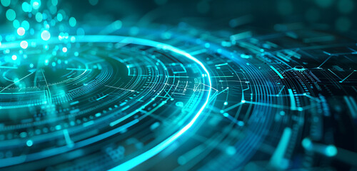 Obraz premium Turquoise circles merging with tech elements for progress visuals.