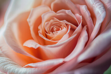 Close-up of a delicate peach rose with soft petals and intricate details showcasing its natural beauty and floral elegance, capturing the subtle gradients and intricate patterns in its bloom