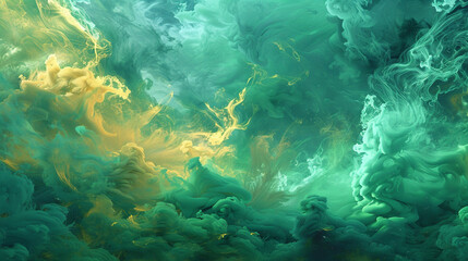 An abstract smoke mural in shades of green and yellow, painted across the sky in an homage to the northern lights.