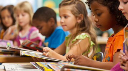 Fototapeta premium Young schoolchildren read books in class at their desks. A group of children study at school indoors. Education concept.