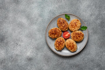 Fried meat cutlets in a plate on a gray concrete background. Top view, flat lay, copy space.