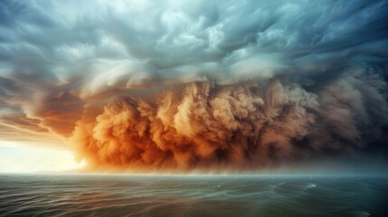  A vast column of smoke ascending from a sizable expanse of water, encircled by an overcast sky - obrazy, fototapety, plakaty