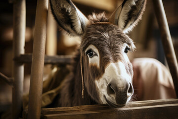 sad donkey with big ears standing in a stable