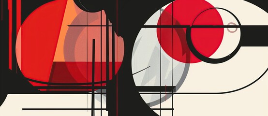 Red and black abstract background with lines, circles, squares and geometric shapes in retro style style.