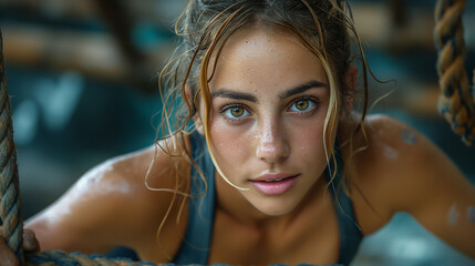 AI generated illustration of a young woman ascending ropes with camera away from her face