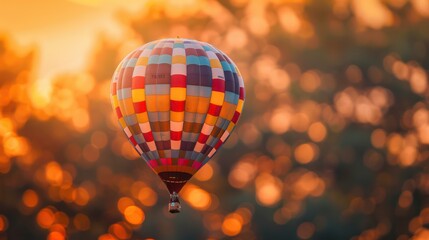 Obraz premium A stunning sunset provides a warm, glowing backdrop to a colorful hot air balloon in flight