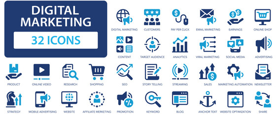 Digital marketing icons collection. Targeted and interactive marketing of goods and services set. Website, seo, social media. Simple flat vector icon.