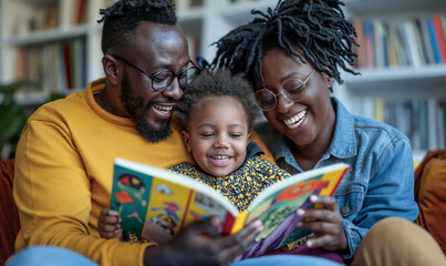 Happy mother father child family reading together. Relaxing at home with a book. Black, people of color, 