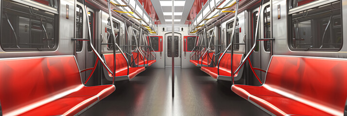 Interior of a subway car with red seats. 3d rendering