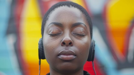   A tight shot of an individual wearing headphones against a graffitied backdrop
