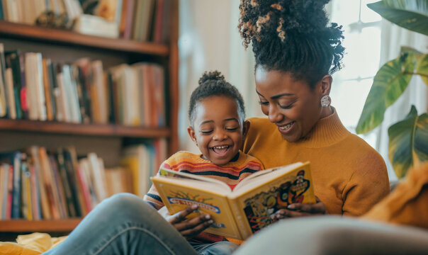Young single black mother reading a book to her son daughter child baby. Happy family time at home. 