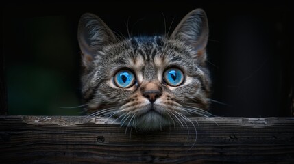   A tight shot of a cat with vivid blue eyes gazing over a wooden fence Its head is gently placed on a weathered piece of wood