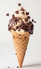 Ice cream in waffle cone with chocolate and ice cream on white background.