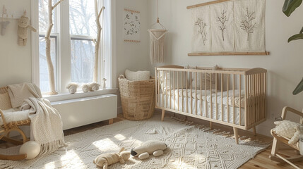 Fototapeta na wymiar Nordic-inspired nursery, birch crib, soft pastel hues, felt animals.