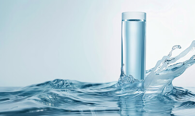 Glass test tube with water splash on white background. 3d render