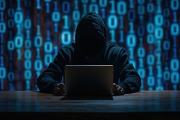 A hacker in a hood sits on a chair with his laptop on a blue background.