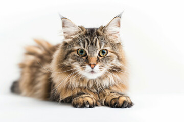 Gorgeous close-up portrait of a mesmerizing green-eyed tabby cat with fluffy fur and a serene gaze, lying on a white background - Powered by Adobe