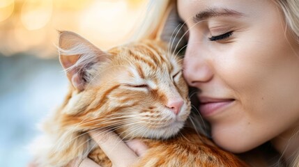   A woman intimately cradles a cat's head, their faces in close proximity