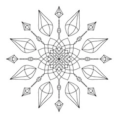 Black and white intricate mandala pattern with gems and leaves