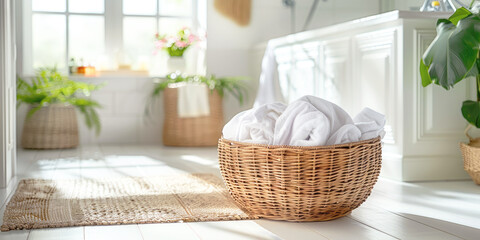 Laundry basket with dirty laundry in a bright, white modern bathroom.