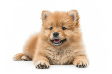 Obraz premium Cute fluffy pomeranian puppy cheerfully lies down, showcasing its soft fur and expressive eyes on a seamless white background