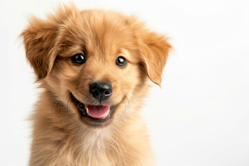 Close-up of a joyful golden puppy smiling against a bright white background, showcasing innocent charm and infectious happiness in its expression