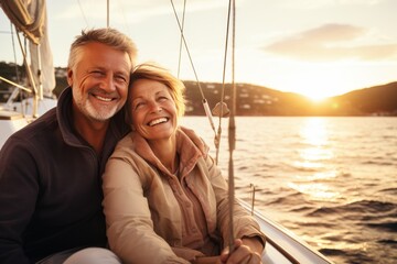 Elderly couple enjoying luxury yacht trip in retirement, securing happy future with life insurance