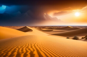 landscape of a sandy desert with mountains in the distance and an approaching sandstorm