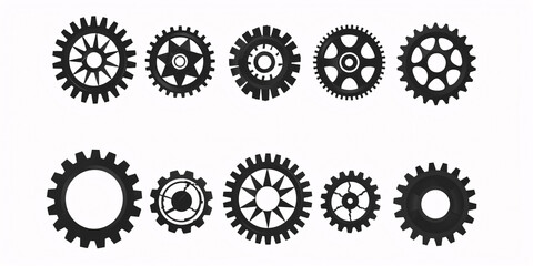 A set of black gear wheels isolated on a white background. Top view.