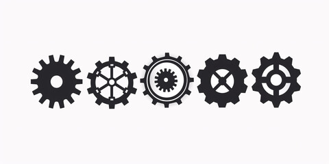 Set of black gears and cogs on white background. Vector illustration.