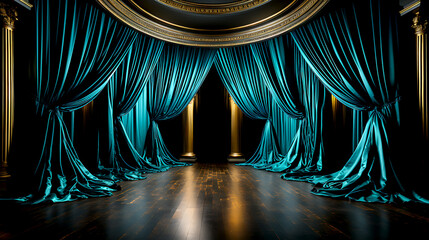 Bright blue stage curtains theater drapes and wooden stage flor