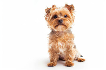 Cute yorkshire terrier sitting proudly, showcasing its silky coat and attentive expression against a clean, bright white background