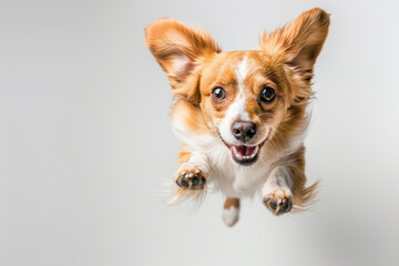 Energetic small dog caught in mid-air leap, displaying playful expression and excitement on a...